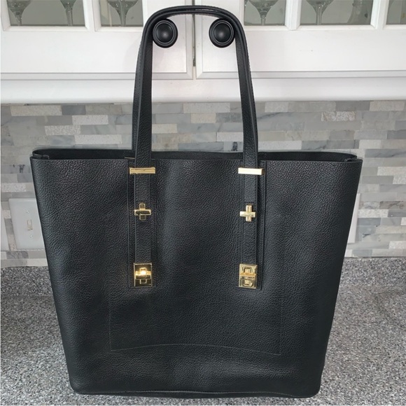 India Hicks Black Leather Solitare Shoulder Bag Purse Tote Gold Hardware - Picture 5 of 14